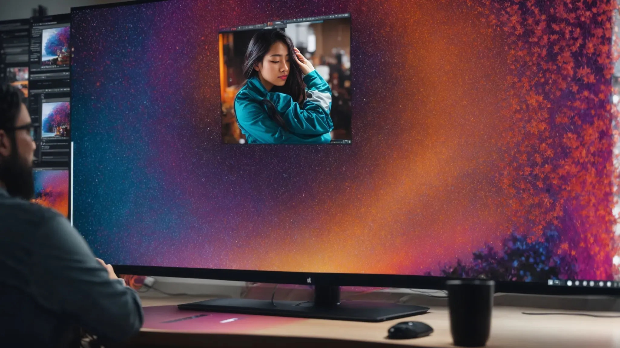 a graphic designer sits in front of a vibrant computer screen, showcasing before-and-after images that reveal the dramatic transformation achieved through gradient maps and adjustment layers.