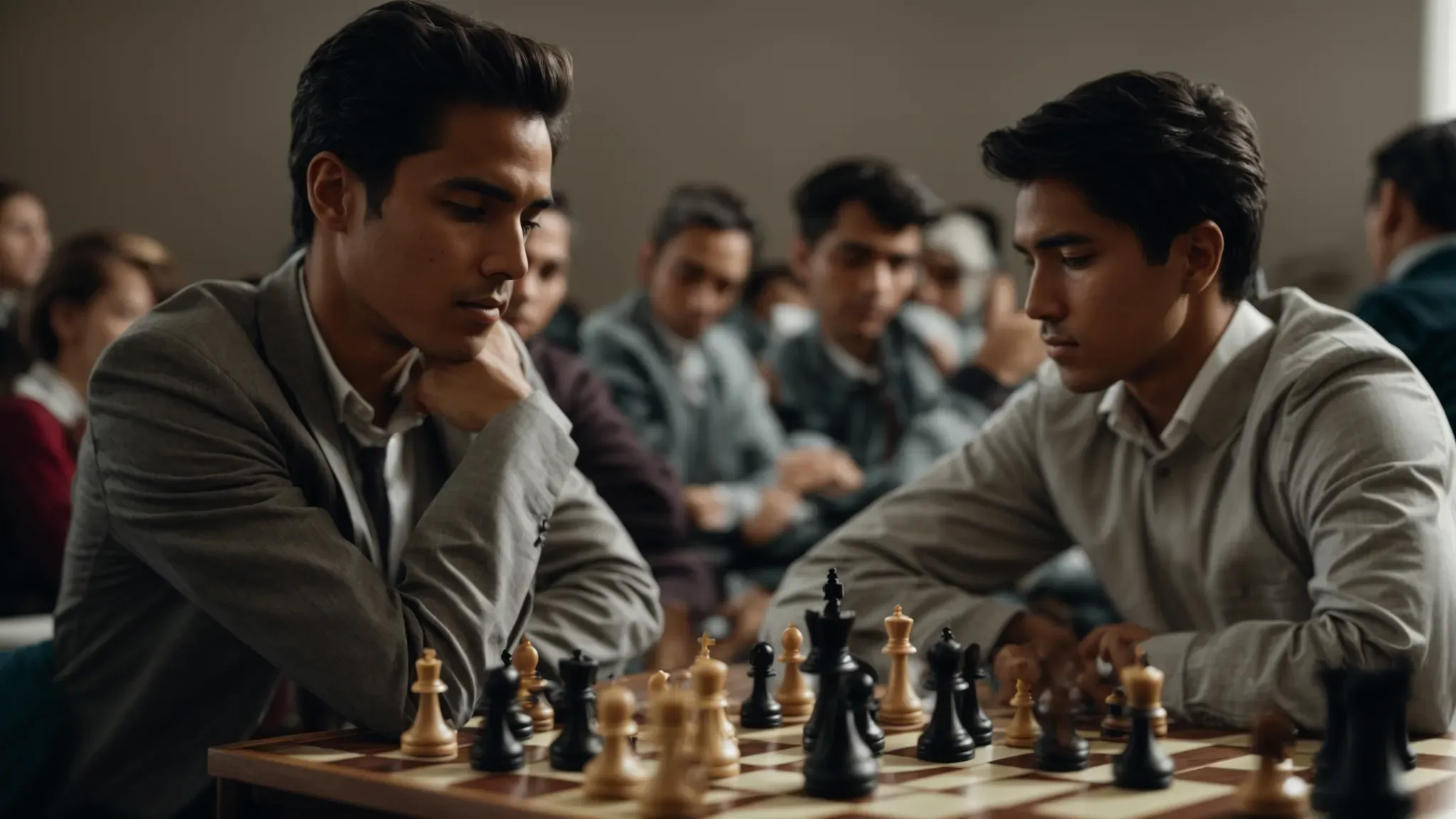 two chess players sit poised in concentration, their focused gazes locked in silent conflict over a tense match.