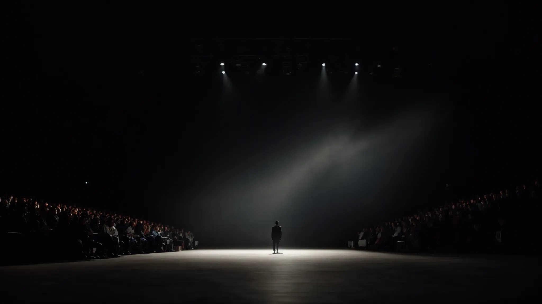a lone figure stands at the edge of a stage, facing a vast, unseen audience, illuminated by a single spotlight.