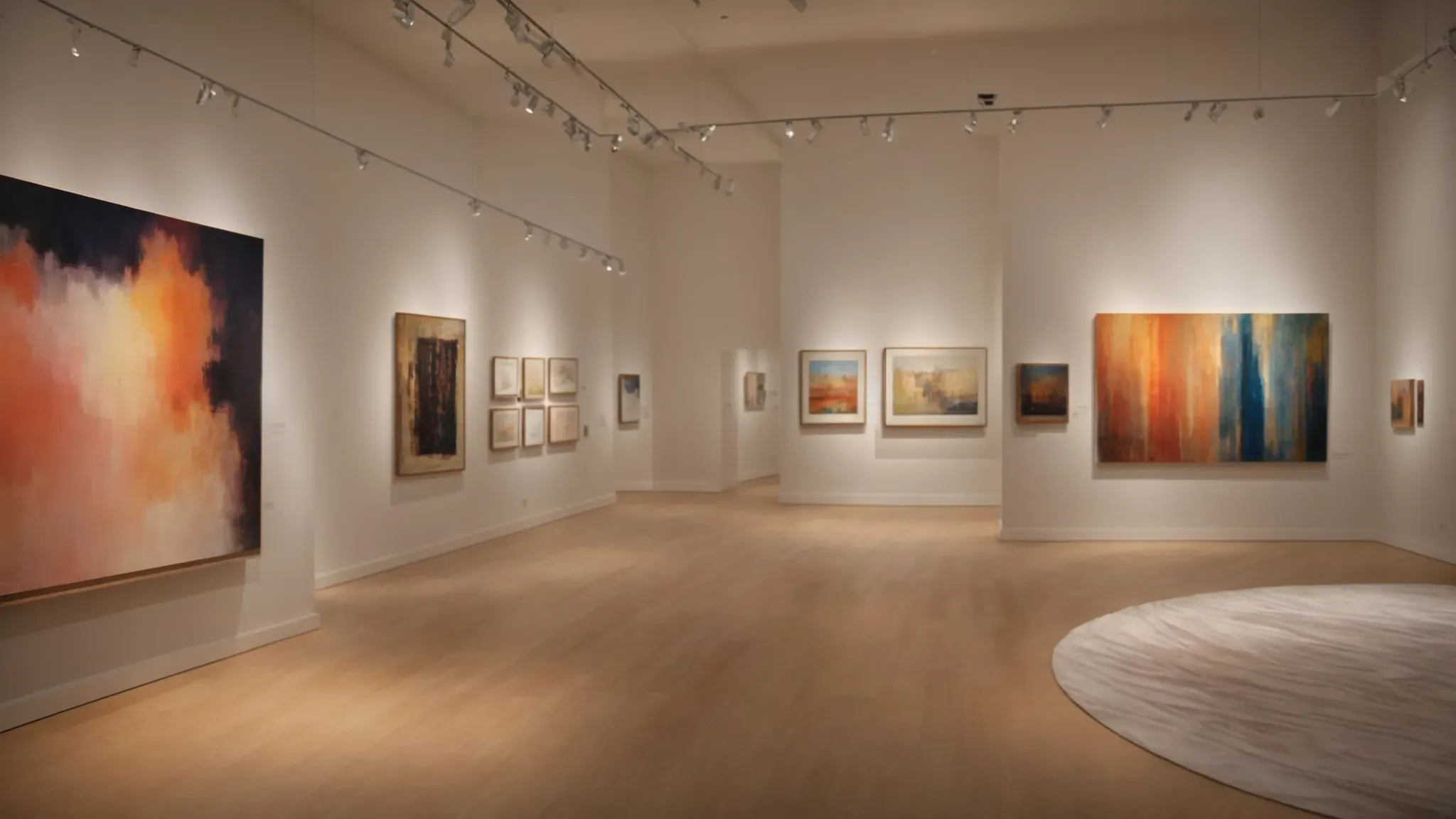 a wide shot of an art exhibit displaying an array of paintings, sculptures, and installations under soft, ambient lighting.