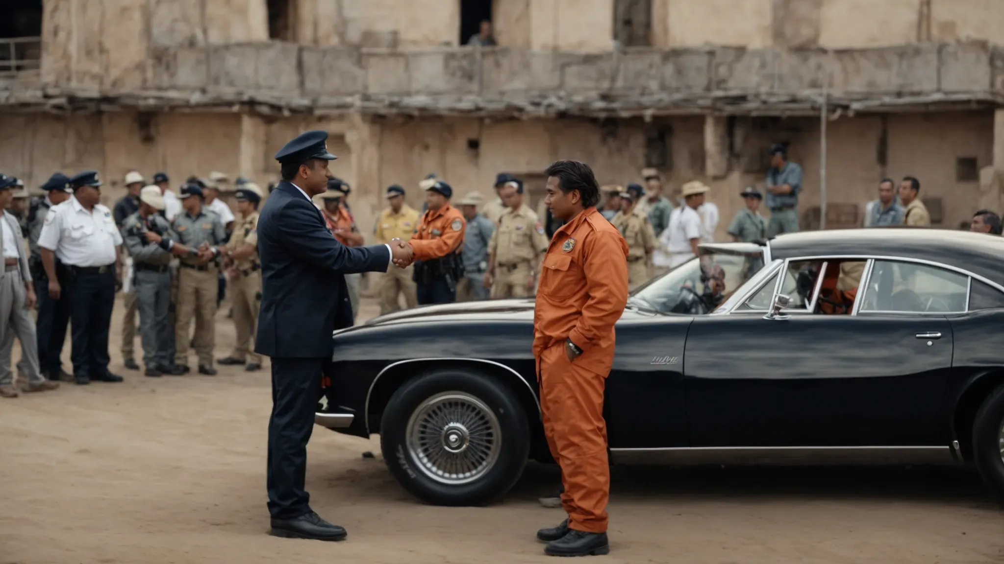 a director and stunt driver shaking hands on a film set, with safety officials reviewing the surroundings.