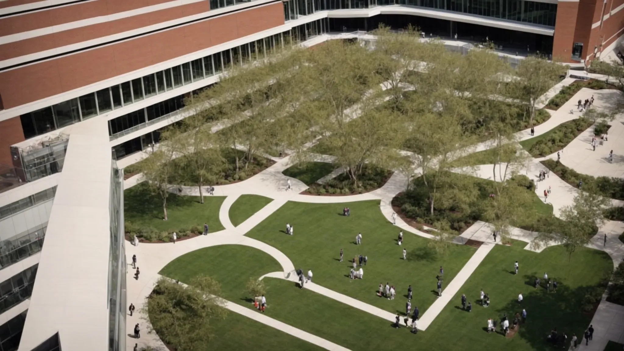 a wide-angle shot of an expansive, modern college campus, with students bustling between film studies buildings under a clear sky.