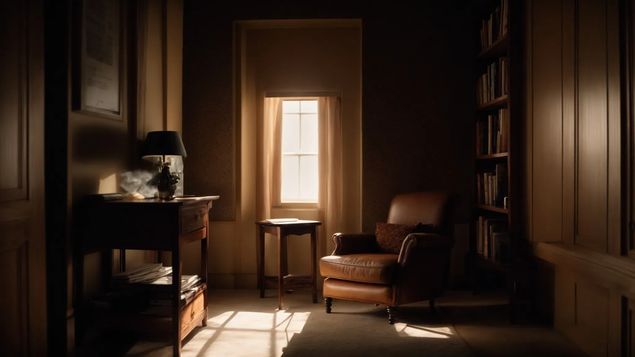 a dimly lit room with a single chair and a book on a table, casting shadows on the walls.