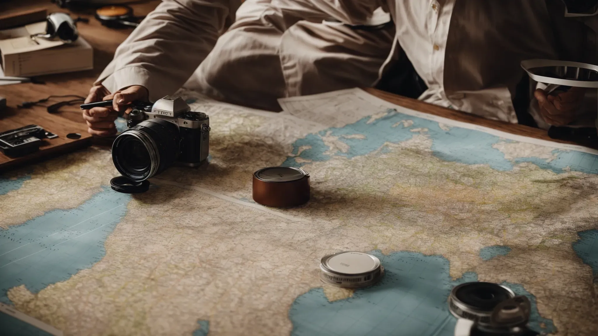 a filmmaker reviews a map dotted with film reels, symbolizing different states' tax incentives.