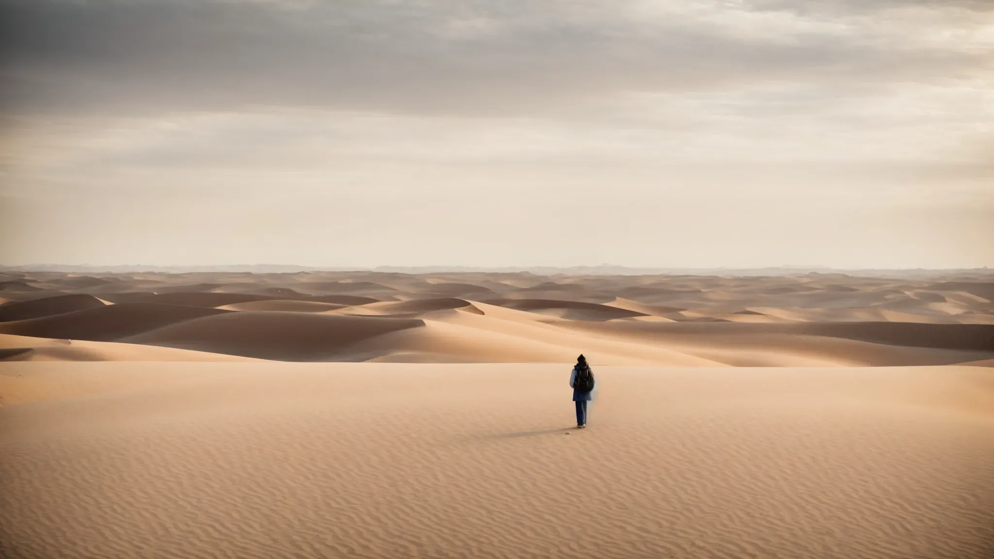 a solitary figure stands minuscule amidst an endless desert landscape under a vast sky, illustrating the concept of isolation and vastness.