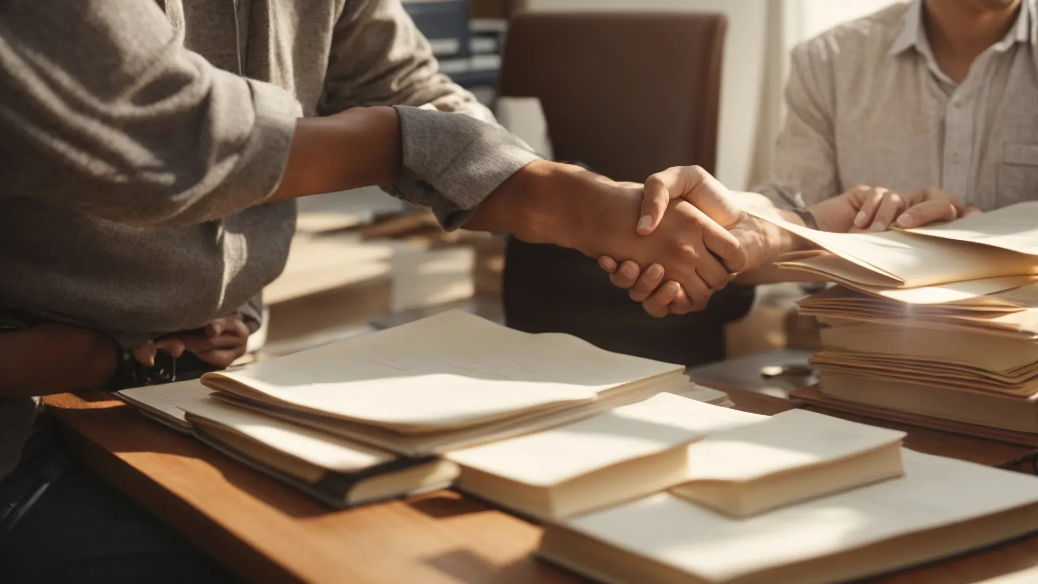a filmmaker and an author shake hands in a sunlit office, with a stack of manuscripts and a laptop between them.