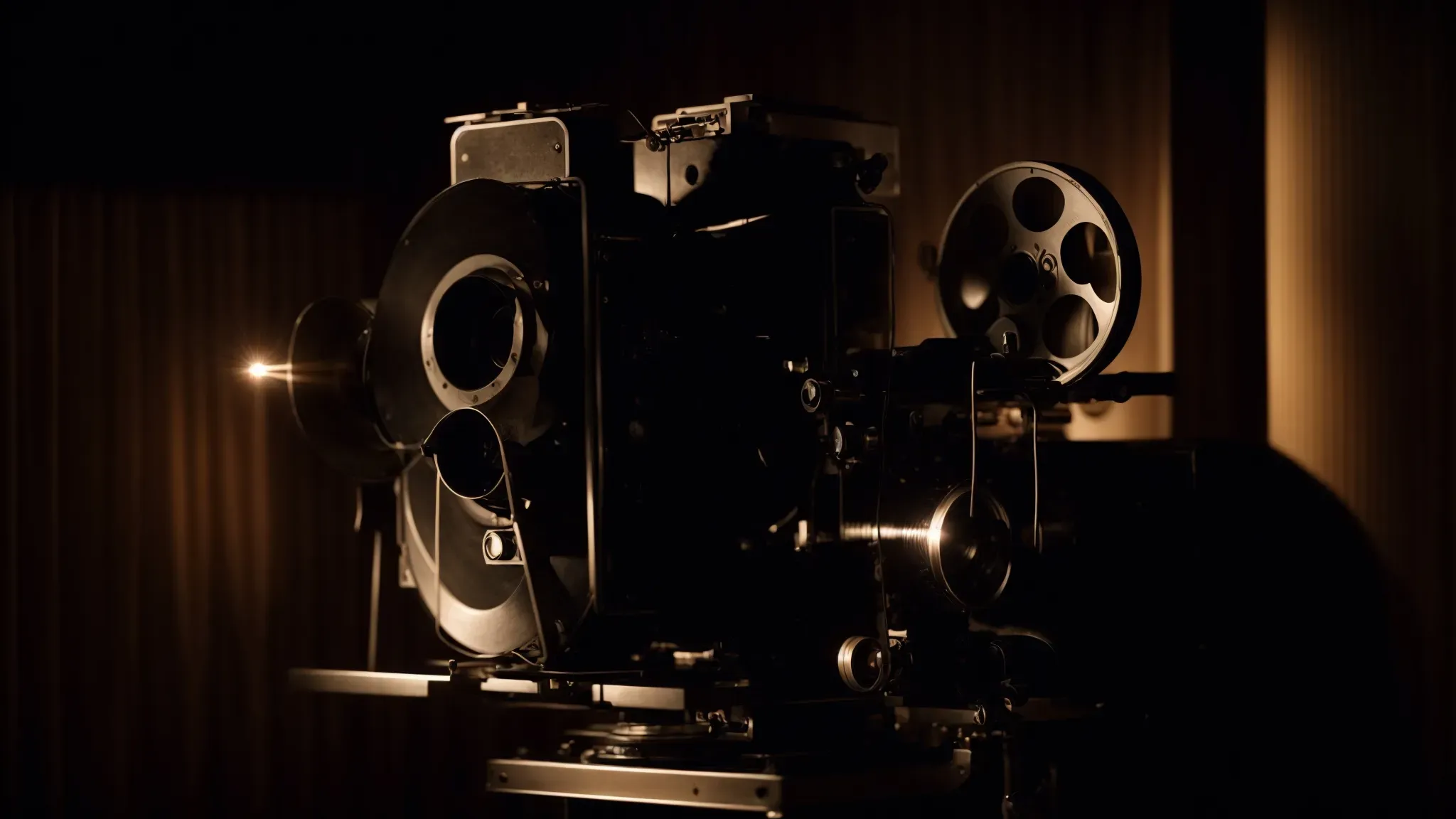 a vintage movie projector beams light through the dark, illuminating a shadowy figure holding an old film reel.