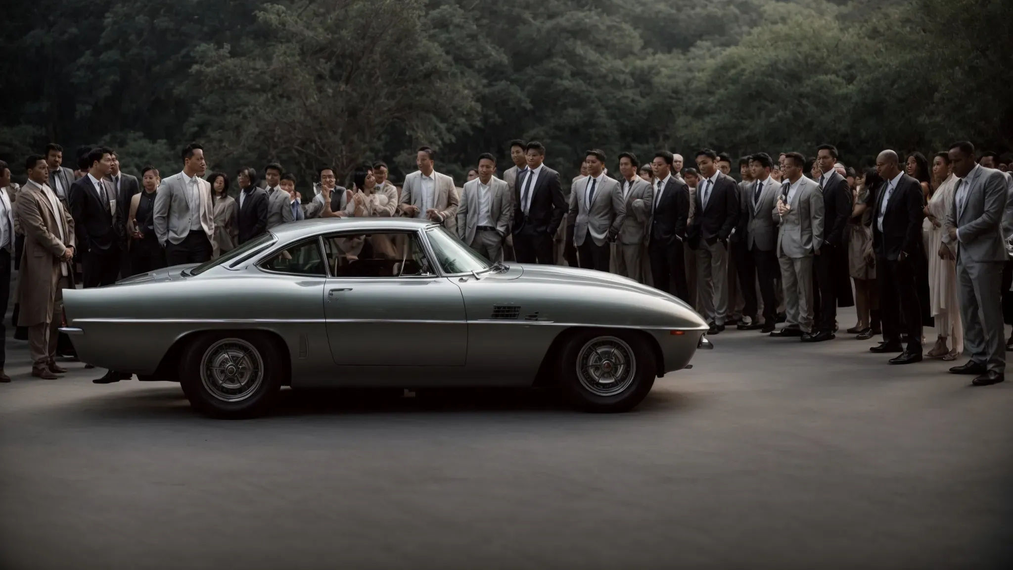 a diverse group of focused professionals surrounds a sleek car on set, with cameras and lighting equipment poised for action.