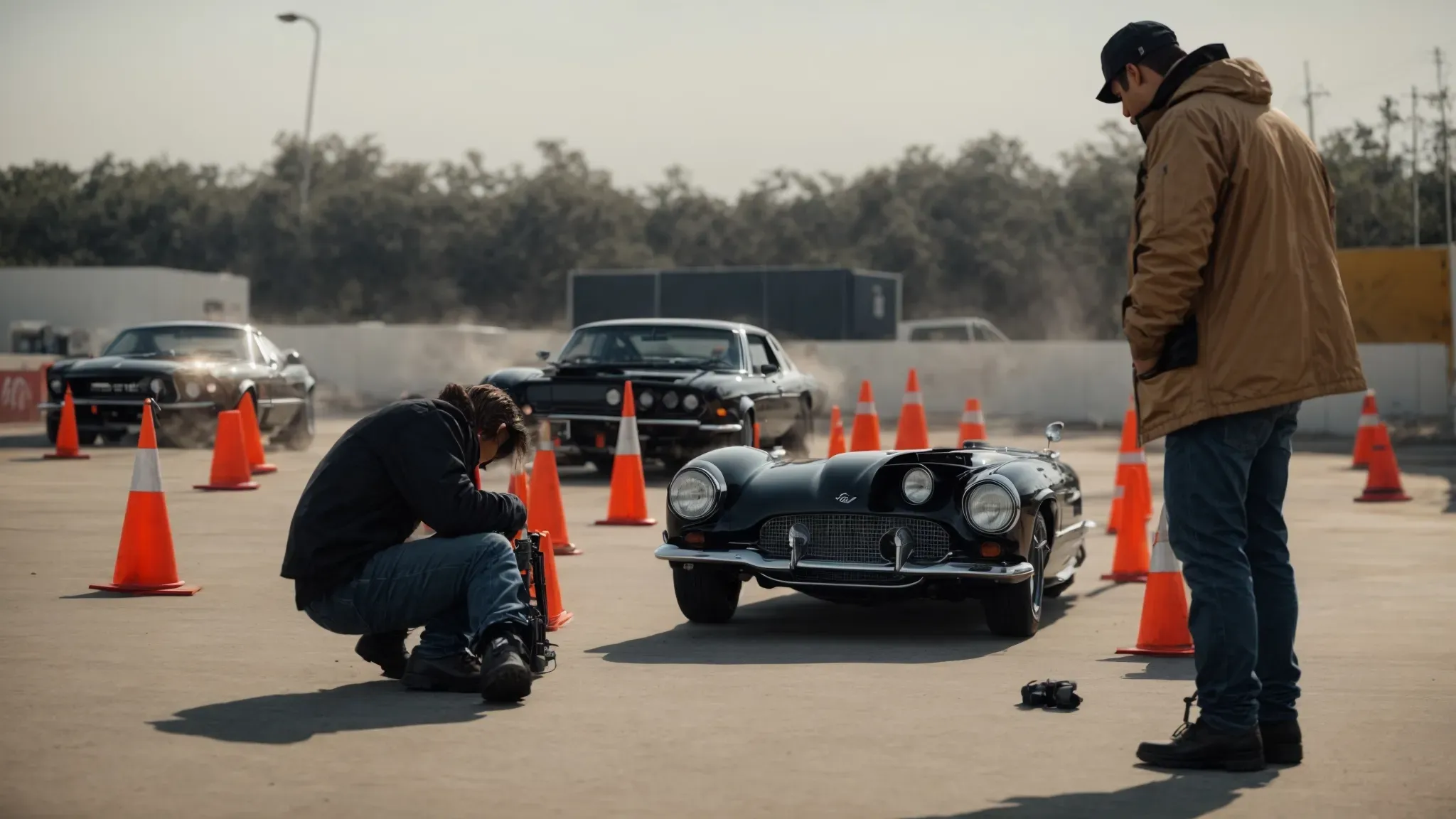 a director scrutinizes a potential stunt driver executing a precision skid in an empty lot rigged with cones and cameras.