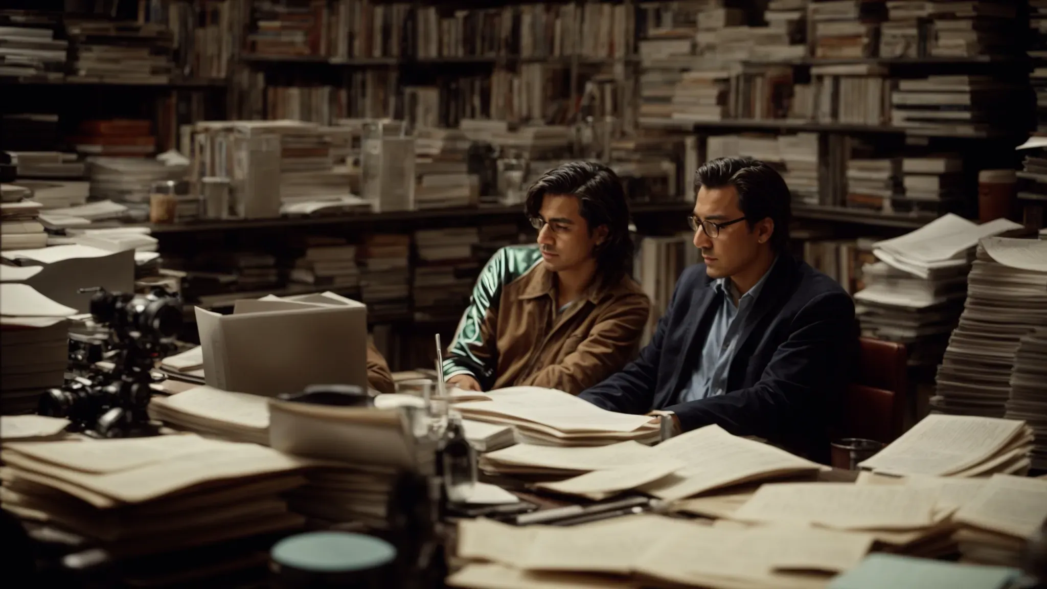 a director and producer sit across from each other at a large, cluttered table, surrounded by piles of script pages and vintage film equipment, deep in discussion.