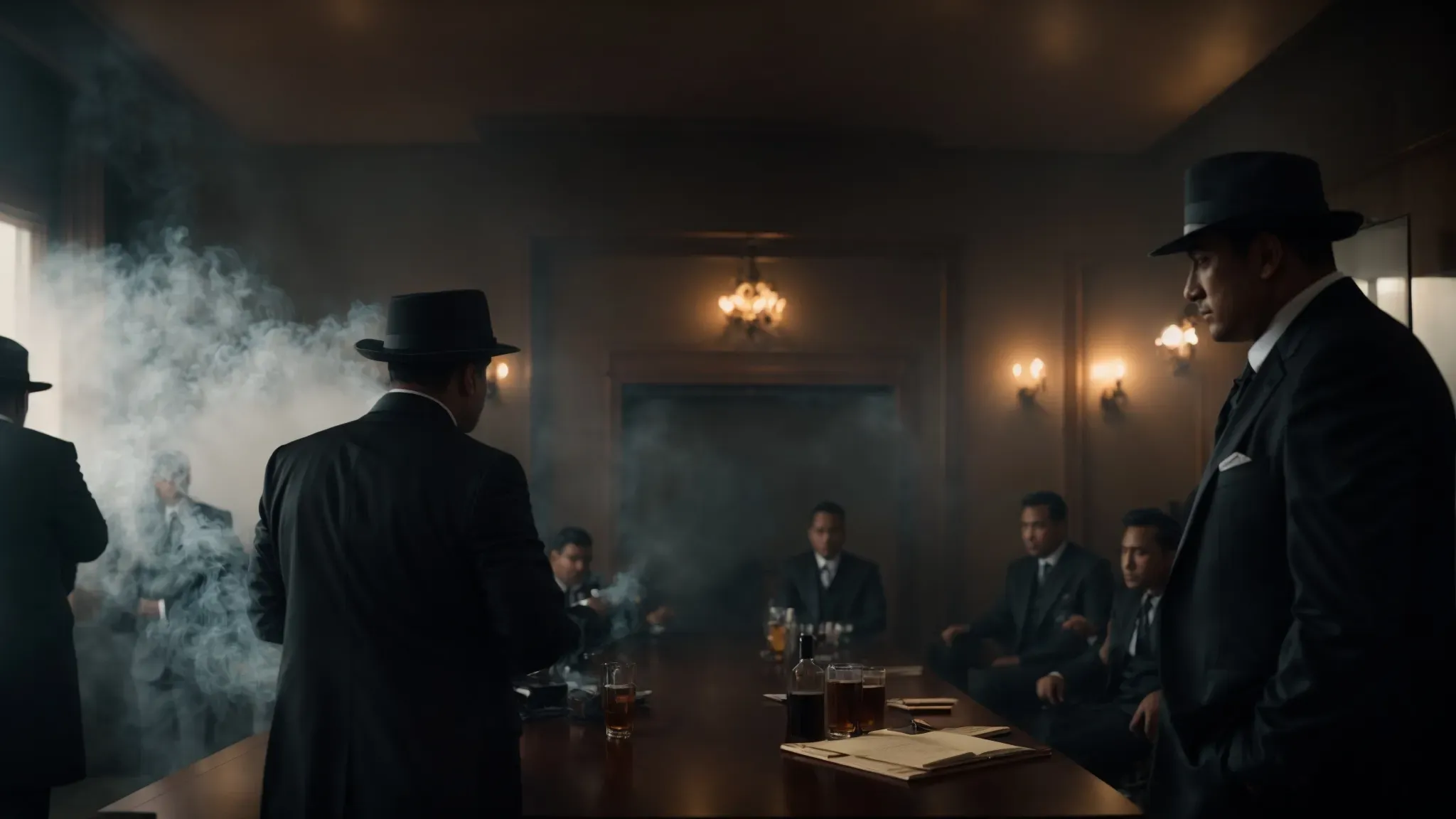 a dimly lit, smoke-filled room where a tense meeting between sharply dressed modern gangsters unfolds.