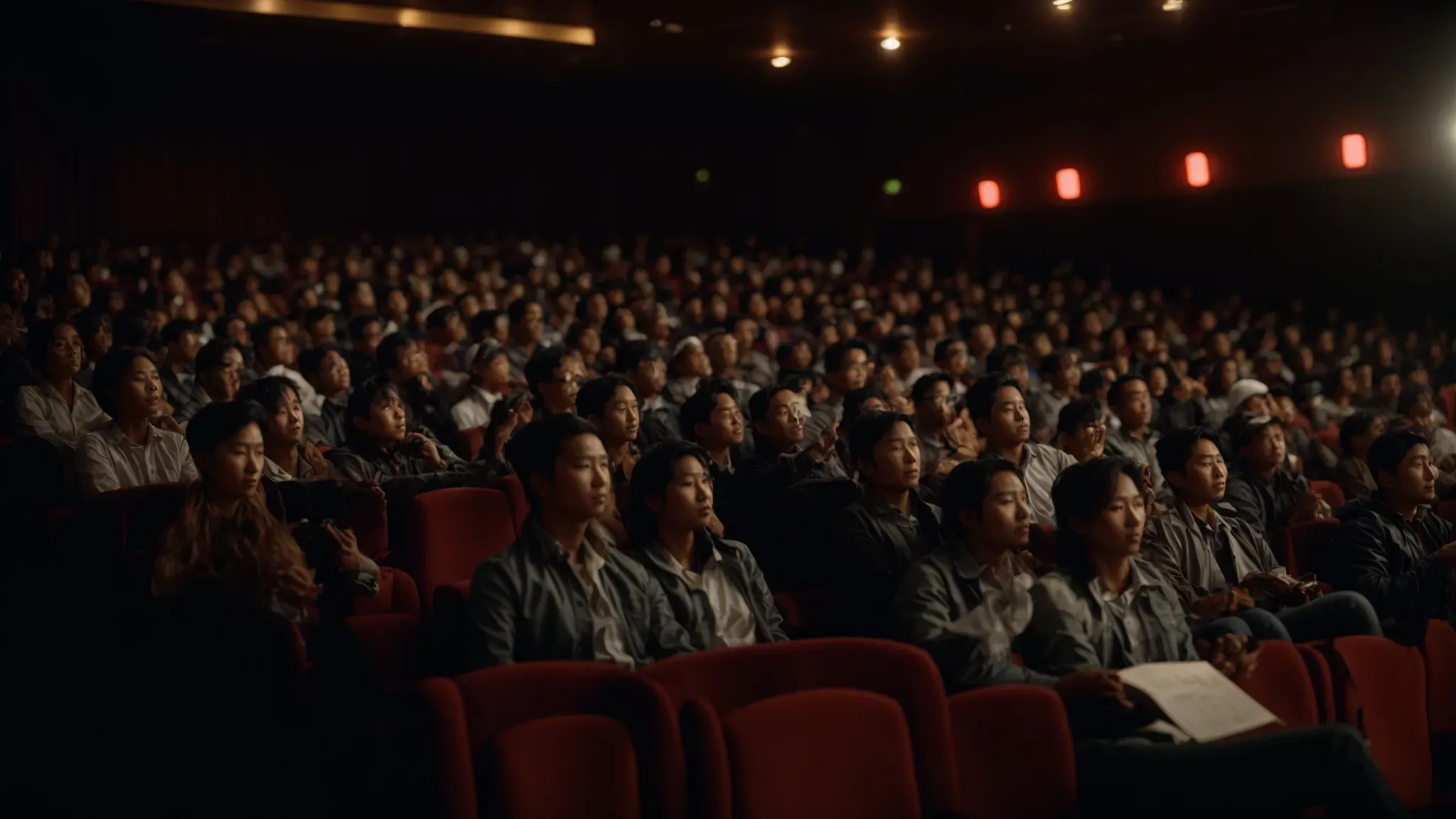 a dimly lit, crowded cinema room, with excited audiences sitting in anticipation as the projector lights up the screen for a movie marathon.