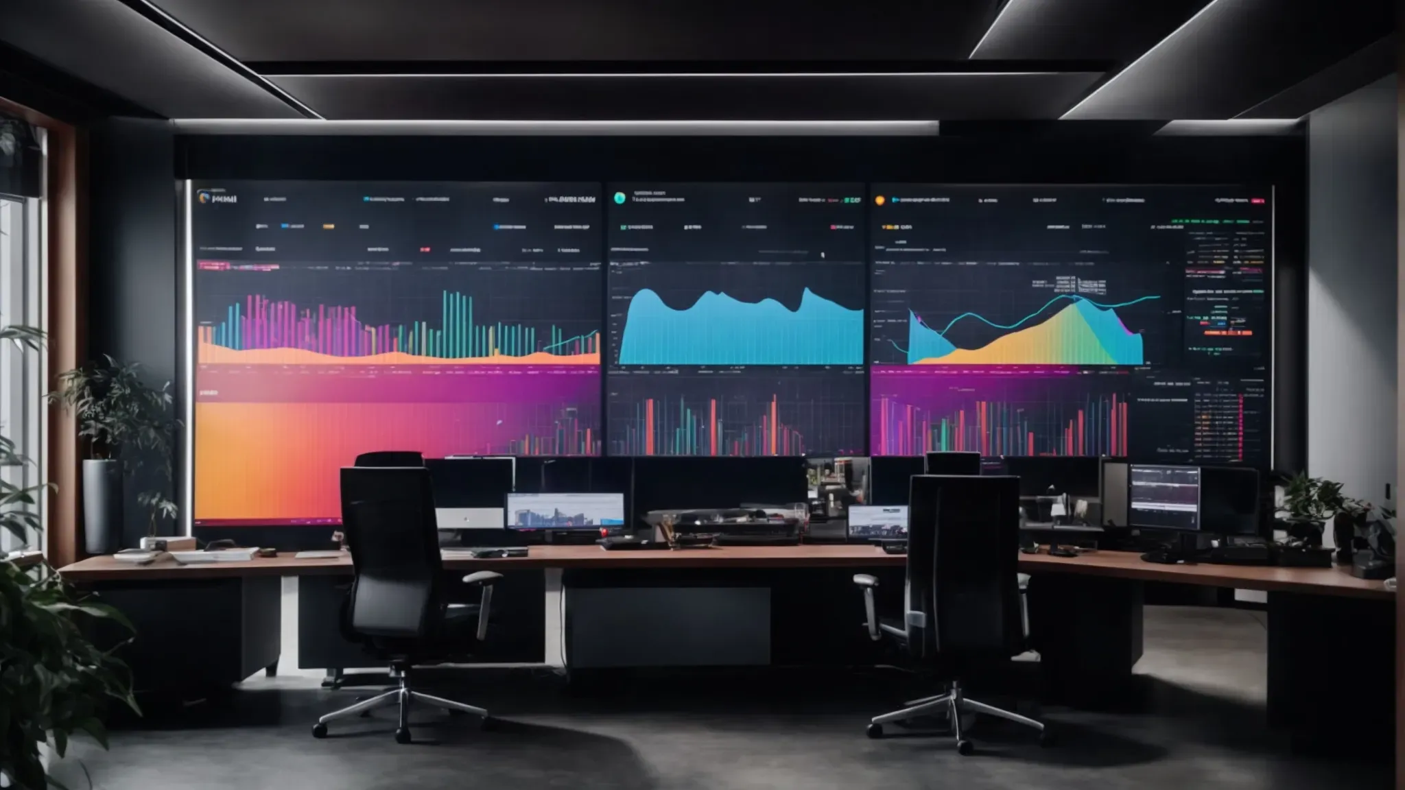 a sleek, modern office with multiple screens displaying colorful graphs and analytics.