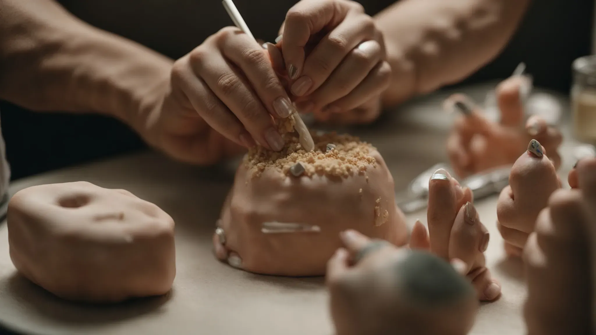 an artist's hands shaping a whimsical clay character in a well-lit studio.