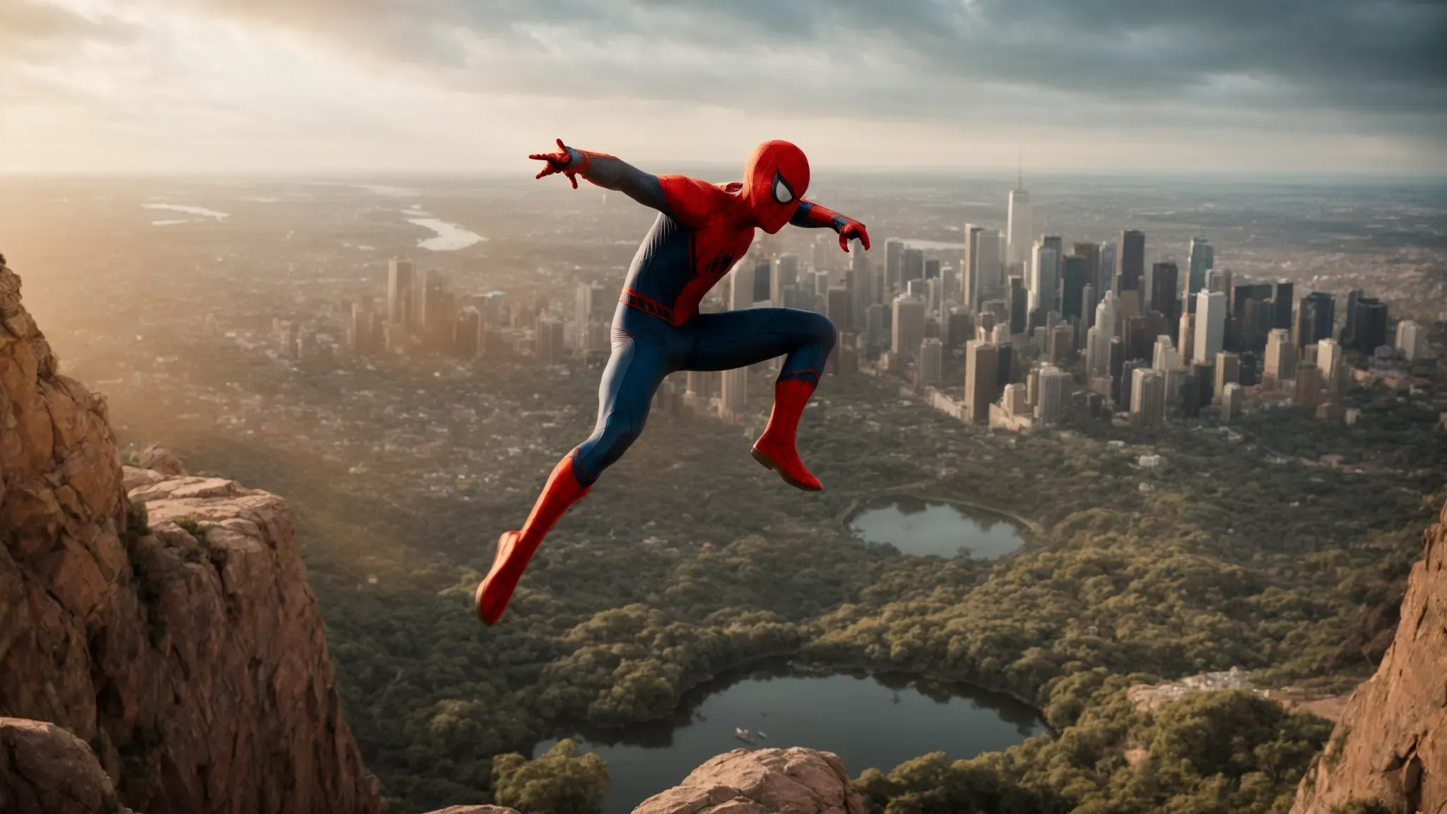 spider-man leaps between vibrant, shifting landscapes, signaling a journey through the vast multiverse.