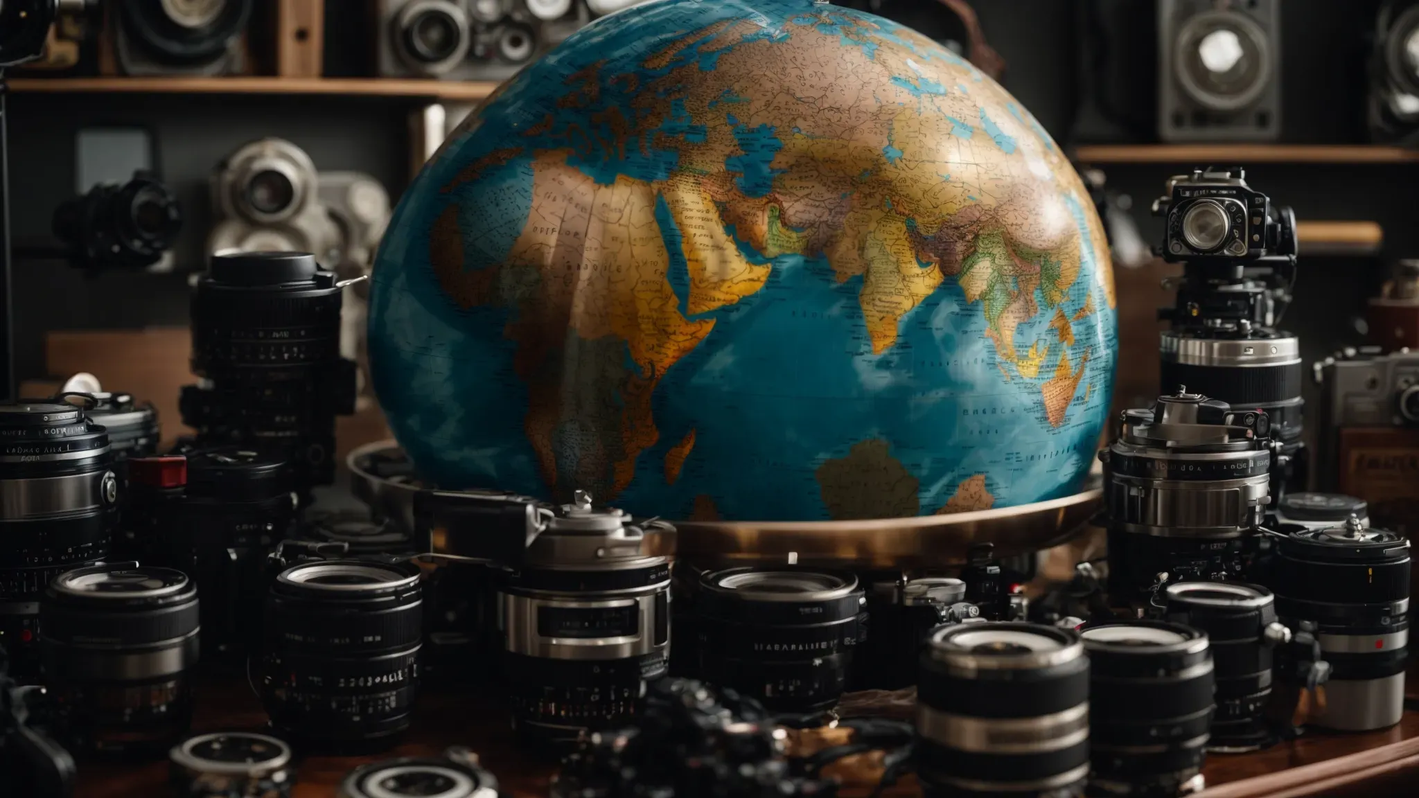 a globe dotted with film reels and cameras, symbolizing international filmmaking success.