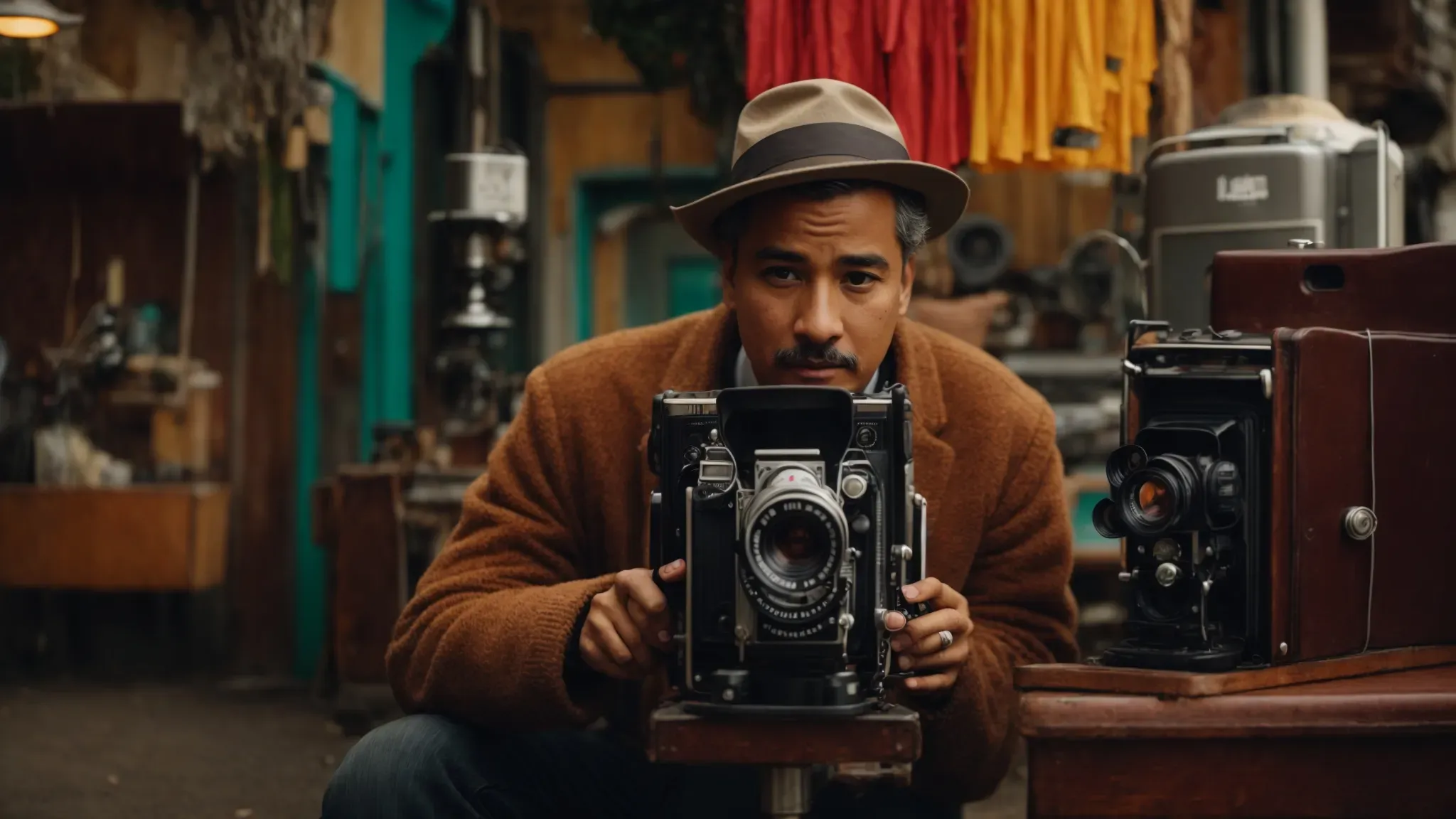 a filmmaker peers through a vintage camera, capturing a brightly colored scene on an old film set.