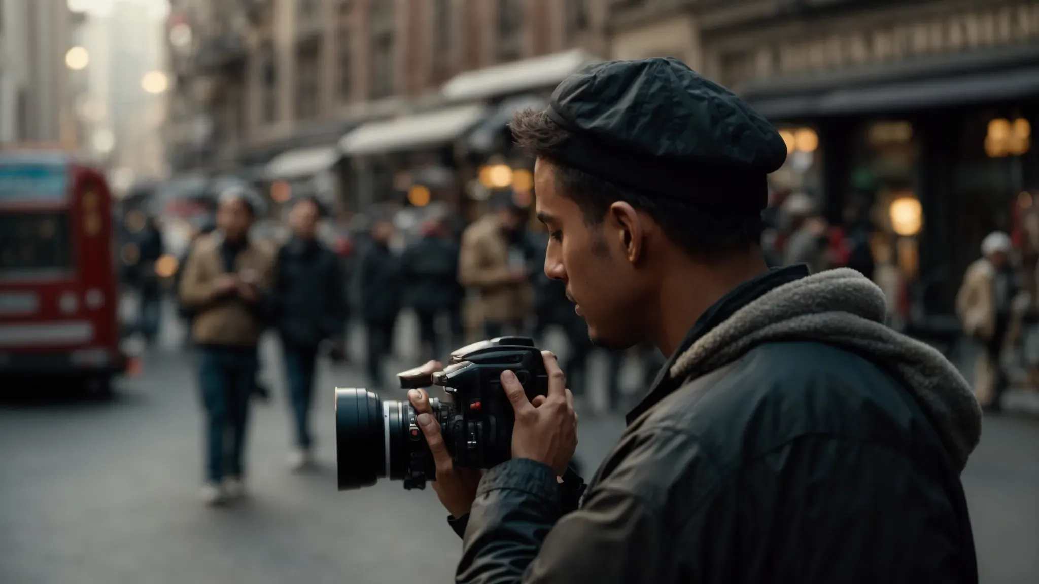 a filmmaker capturing an unscripted moment with a subject in a bustling city street, reflecting the spontaneity and realism of cinéma vérité.