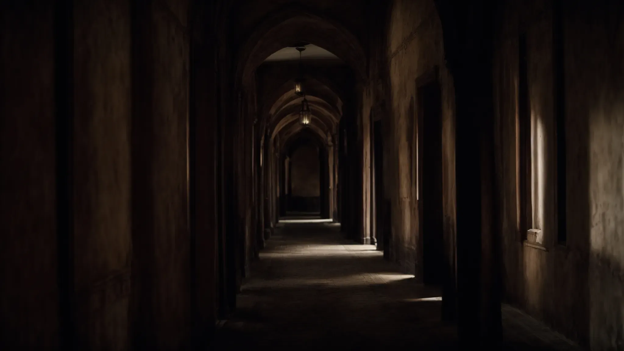 an eerie, dimly lit corridor from a gothic horror film, suggesting a blend of mystery and old-world charm.