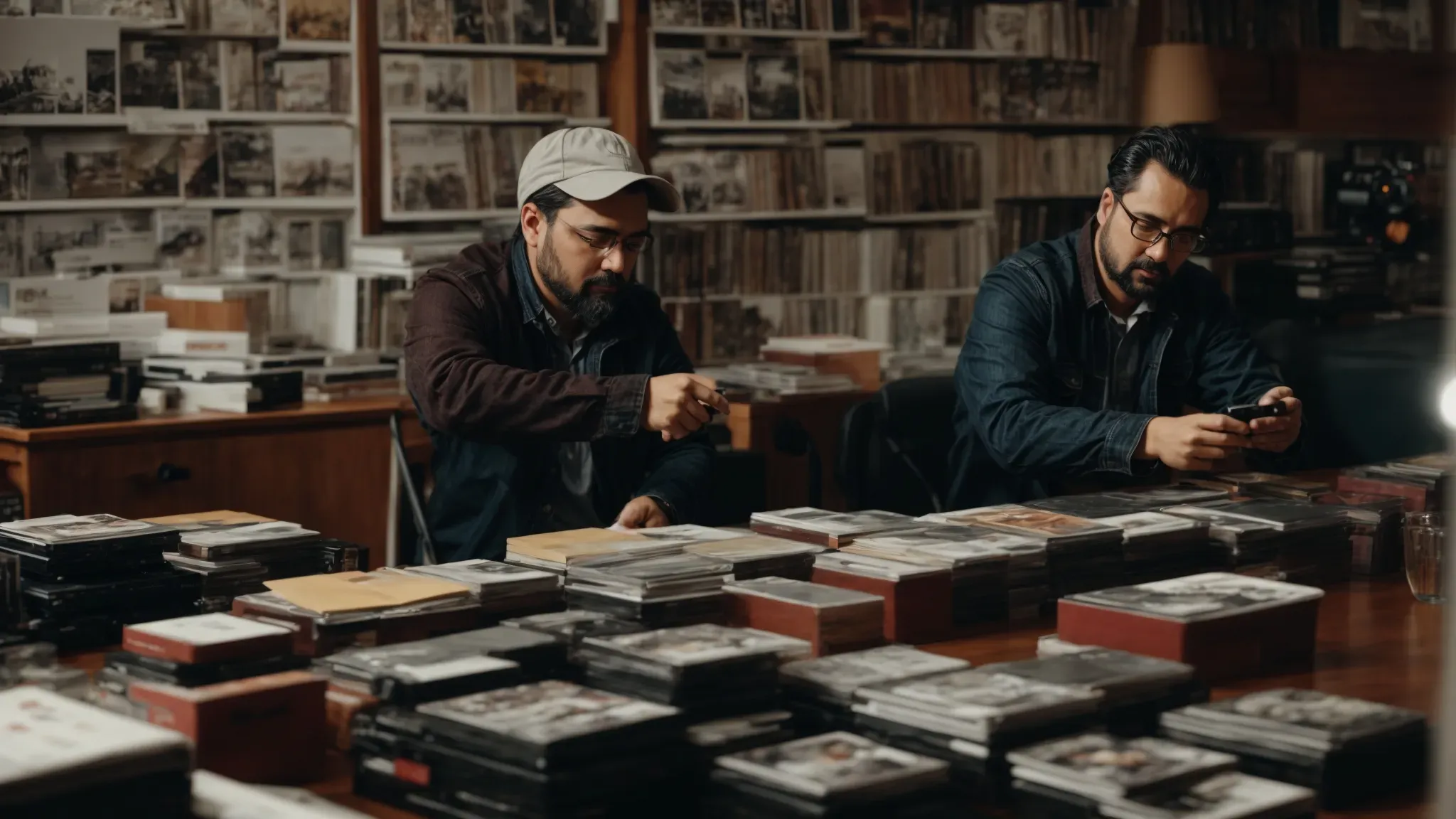 a filmmaker and distributor discuss over a table filled with film reels and brochures.