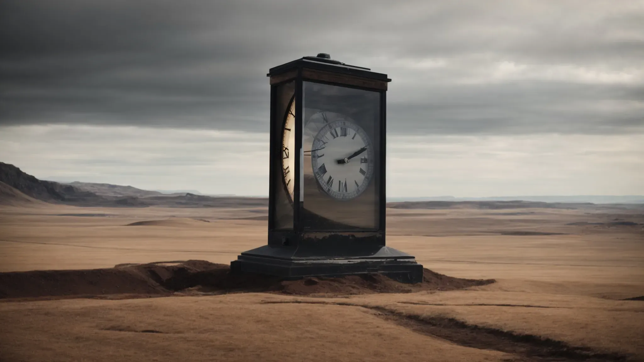 a clock melting over a desolate landscape, challenging the boundaries of time and reality.