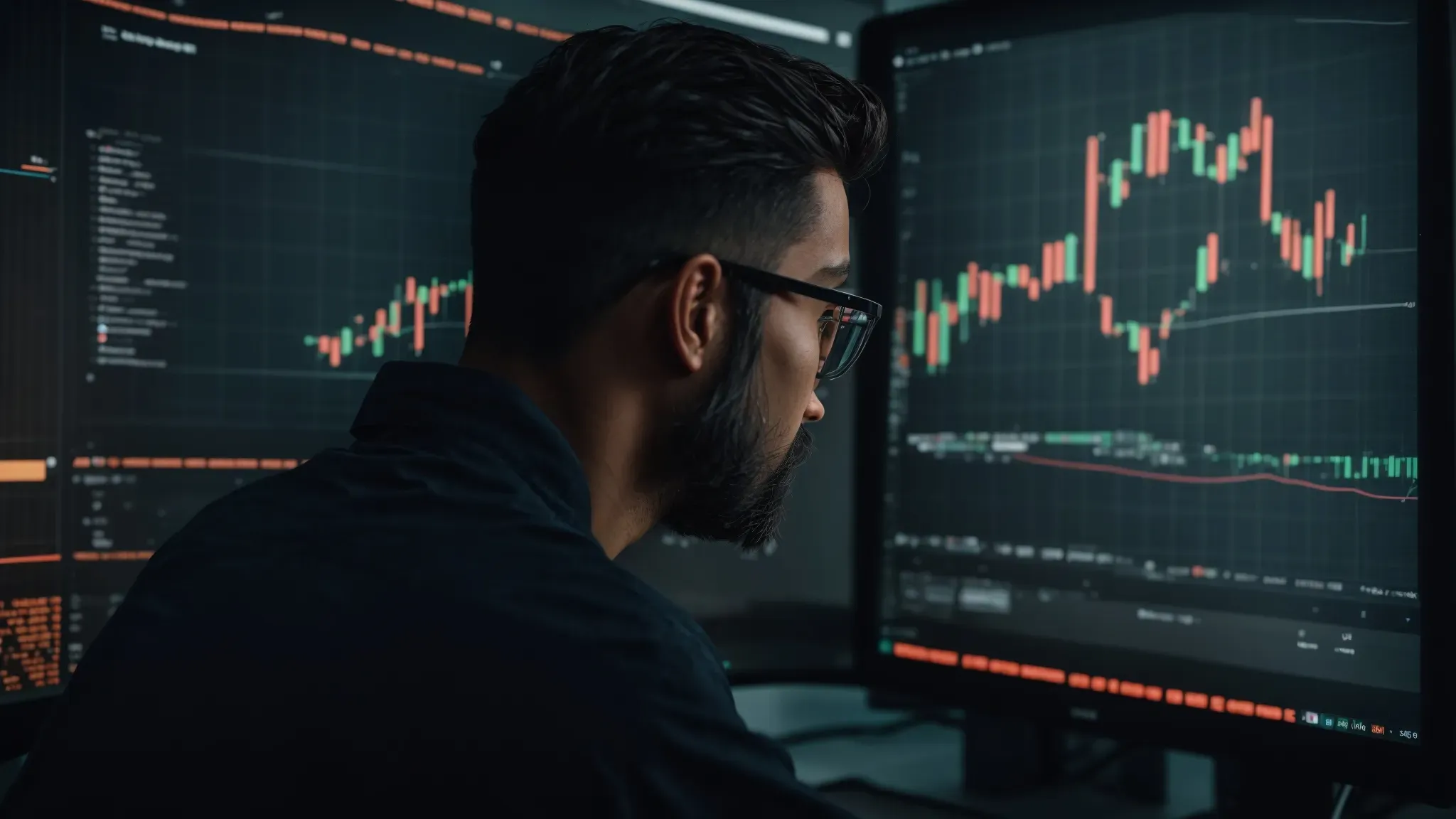 a marketer intently observes analytics on a computer screen, reflecting the data-driven strategy adjustments of an influencer campaign.