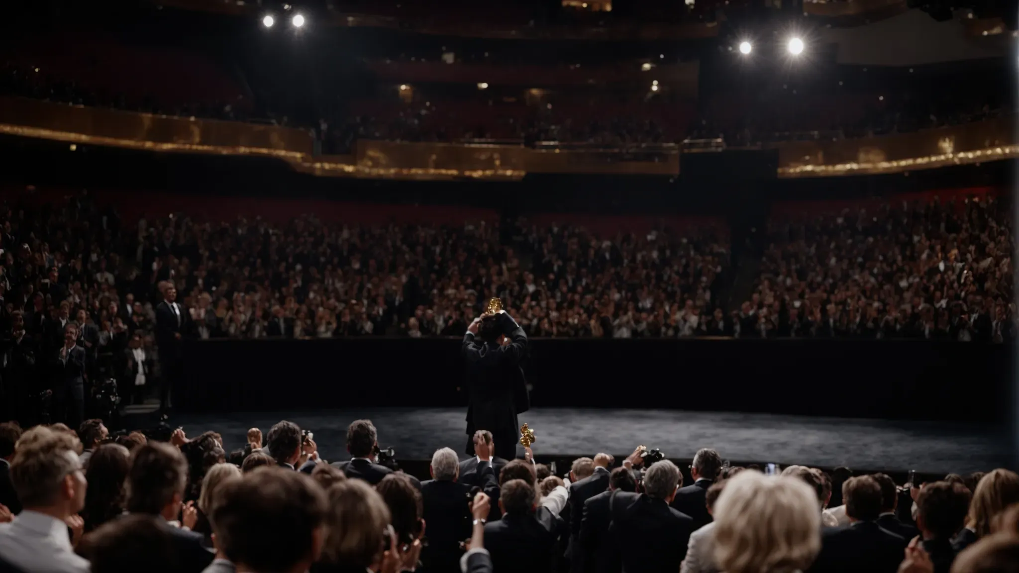 a triumphant actor holds their first oscar award on stage during a standing ovation.