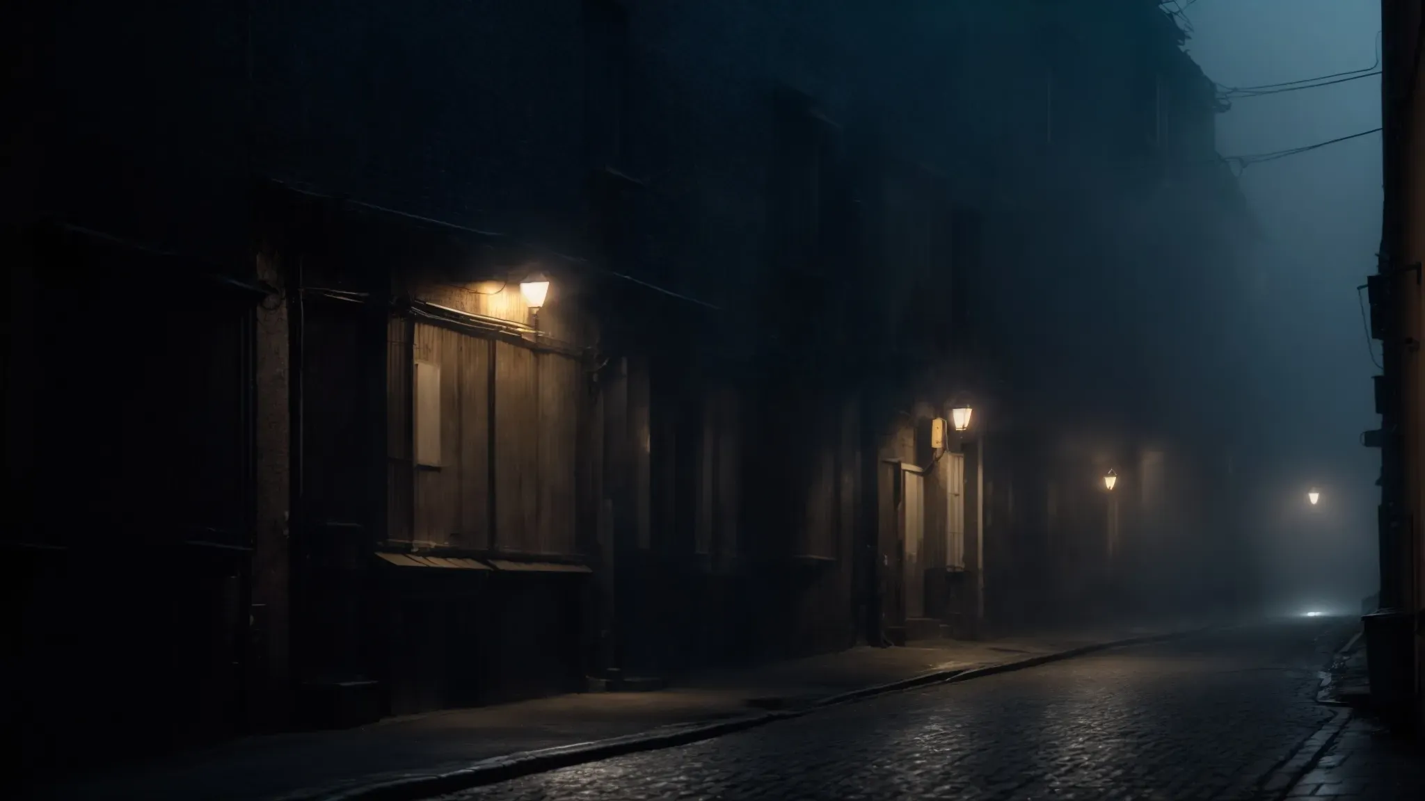 a dimly lit alleyway, cast in shadow and mystery, where the faint glow of a distant streetlight barely illuminates a fog-engulfed scene, capturing the essence of intrigue and suspense.