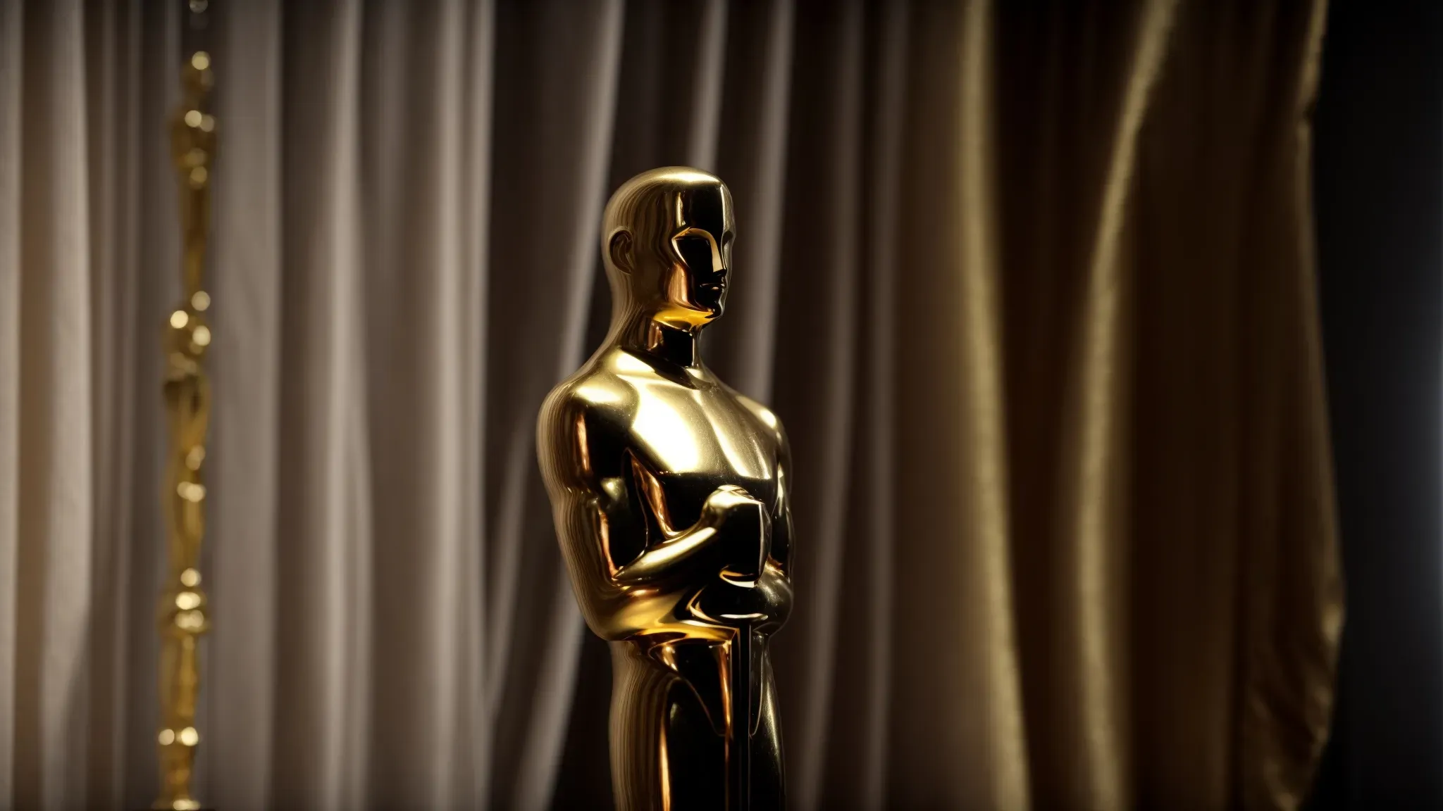 a glimmering oscar statuette stands prominently on a pedestal, spotlighted against a backdrop of cinema curtains.