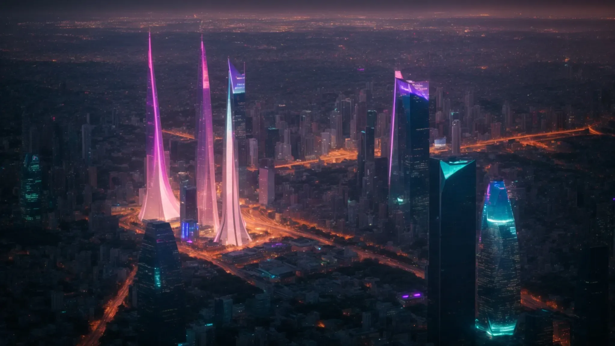 a glowing, futuristic cityscape at dusk, showcasing towering structures with holographic projections illuminating the skyline.