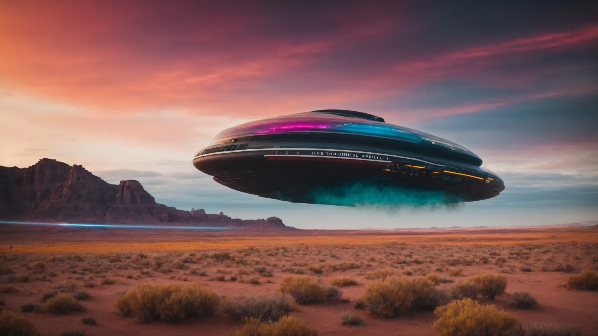 a spaceship darts across a sprawling alien landscape beneath a sky streaked with otherworldly colors.