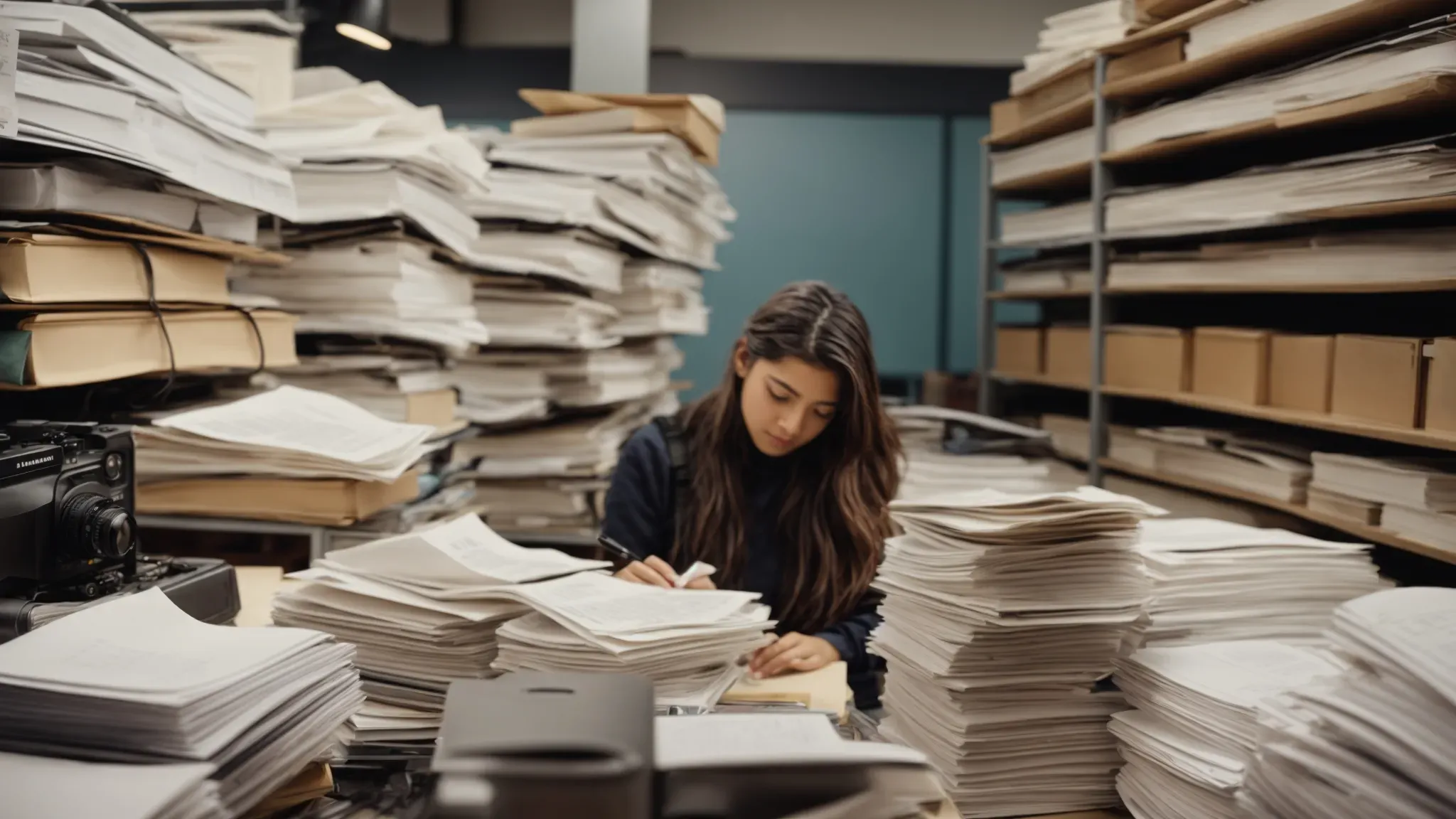 a hopeful student, surrounded by film equipment, carefully reviews a stack of application documents.