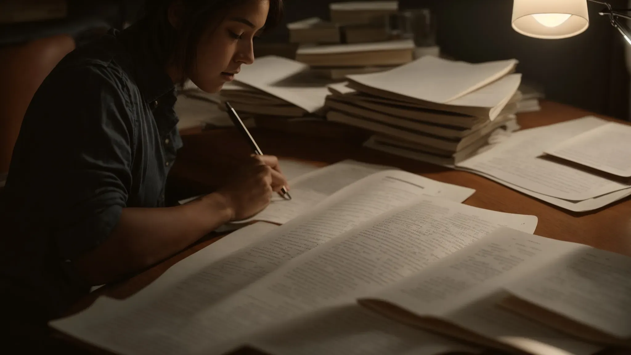 a person sitting at a large desk covered with pages of script, intensely reading through notes beside a dimly lit lamp.