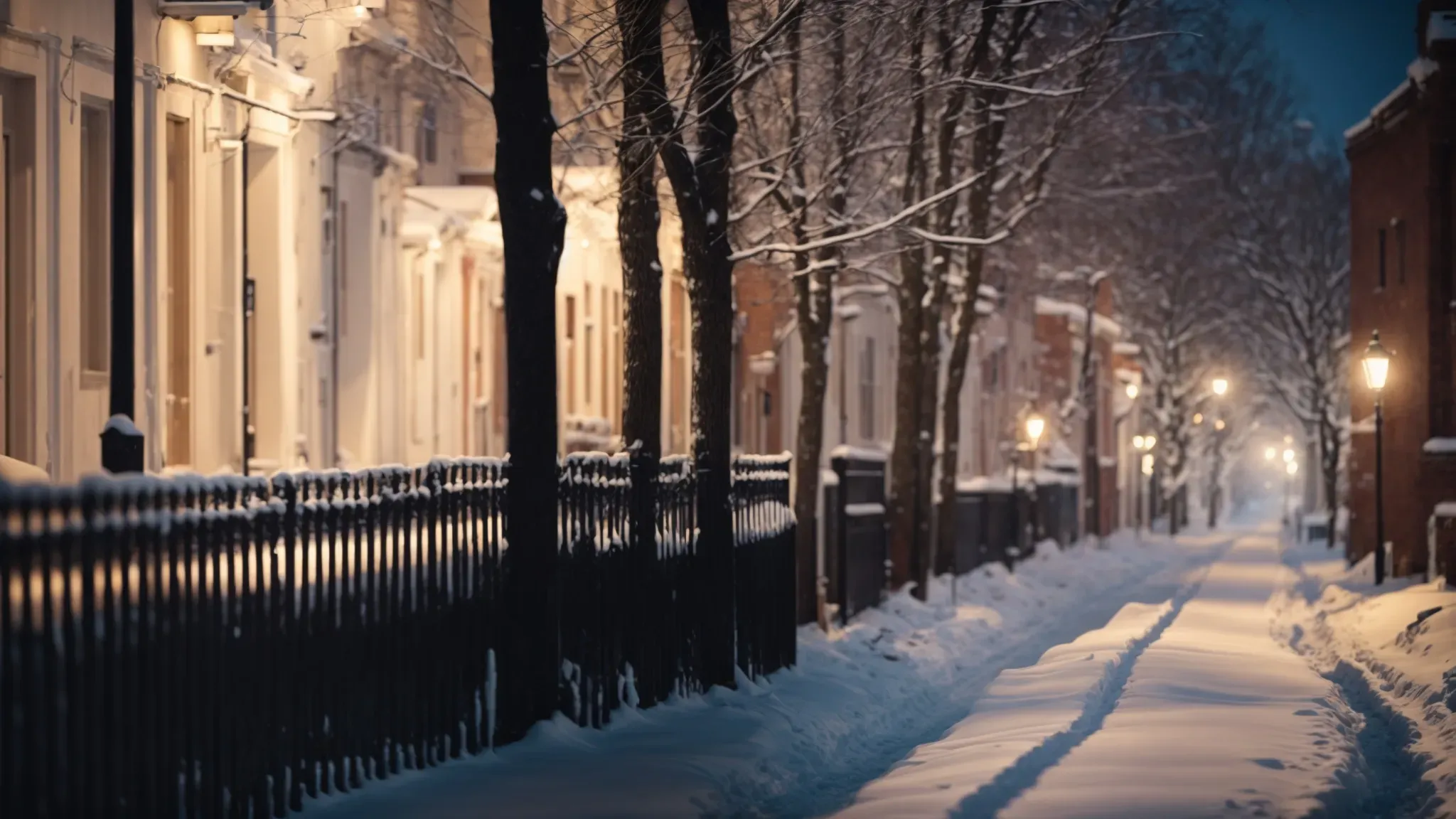 a snowy street gently illuminated by soft, warm light as two shadows lean in close, mirroring the silent narrative of love's unspoken depth.