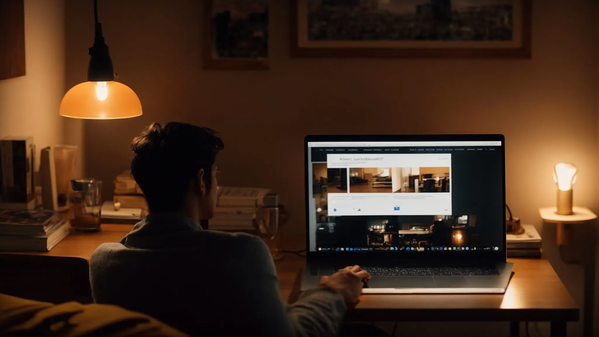 a wide-angle view of a person reading a filmmaking blog on a laptop in a cozy room lit by the warm glow of a desk lamp.