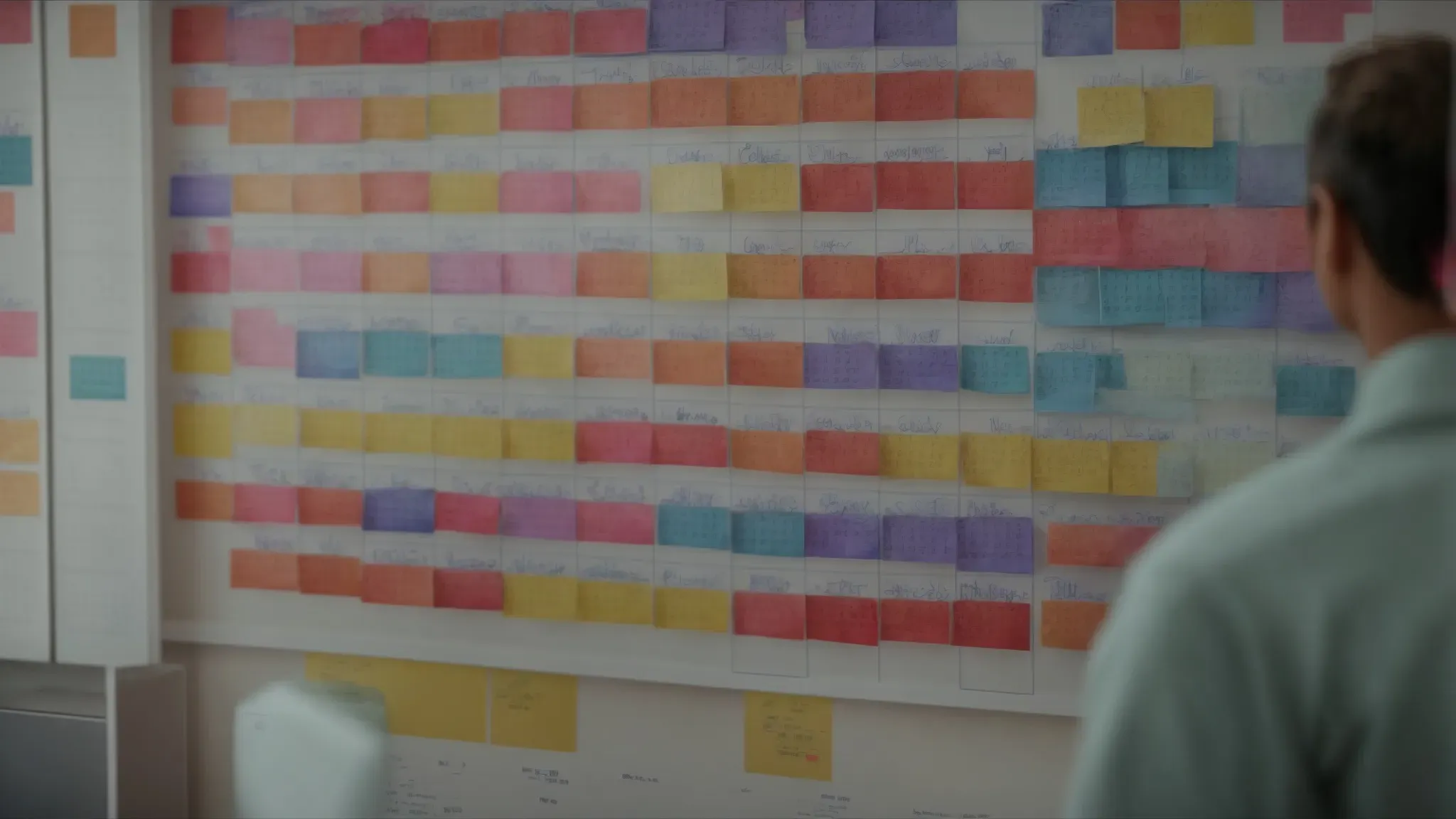 a producer is examining a large, color-coded calendar on the wall, with each block representing a different scene from the script.