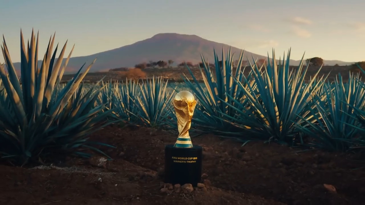 The FIFA World Cup trophy in a Mexican agave field, a still from the FIFA World Cup campaign series produced by Bryan Fellows.