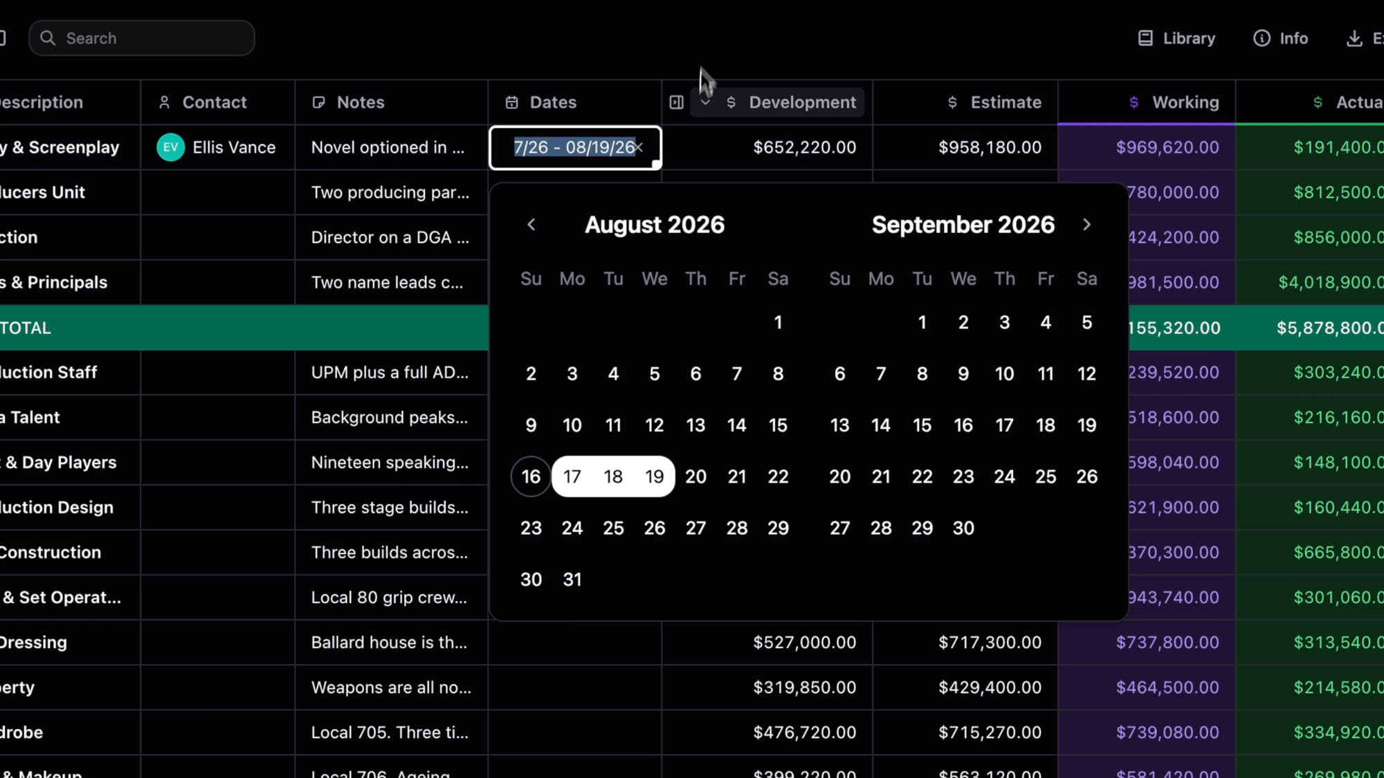 Budget phase columns with a date range picker open