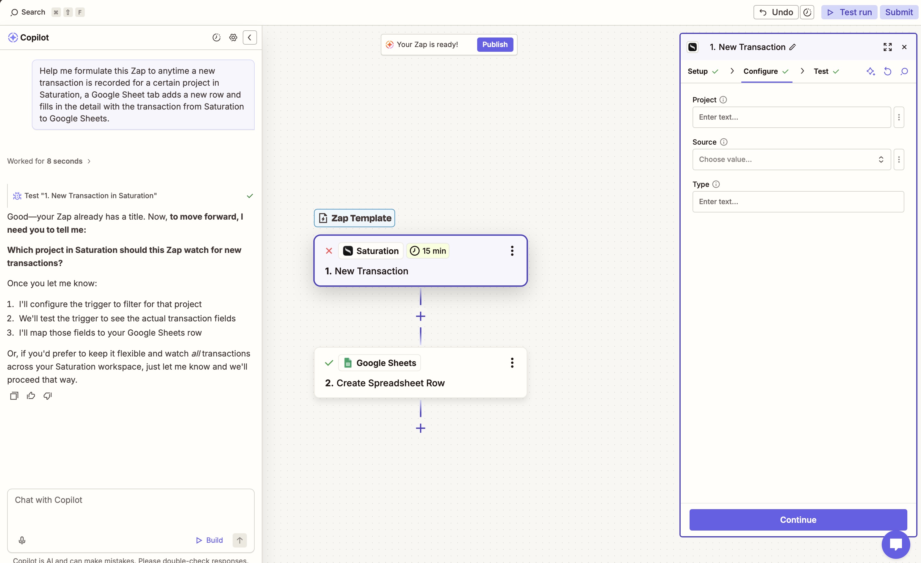 Zapier Copilot building a Saturation Zapier integration from a New Transaction trigger to a Google Sheets row