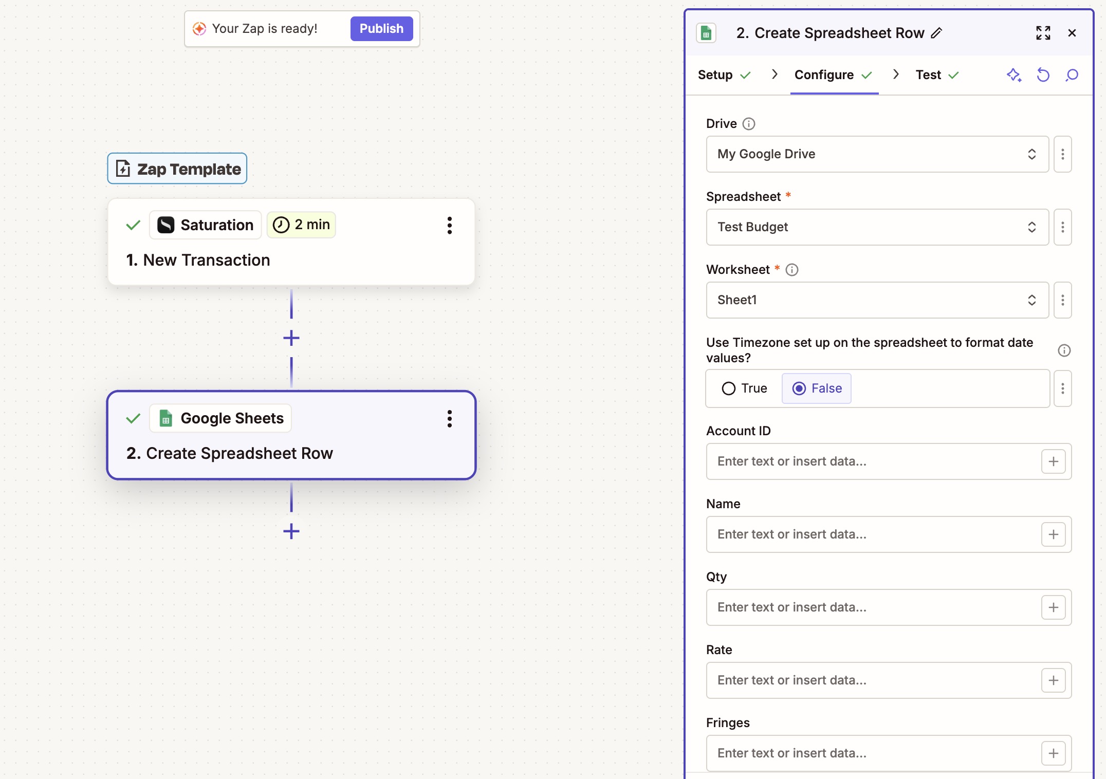 Mapping Saturation transaction fields into a Google Sheets row in the Saturation Zapier integration