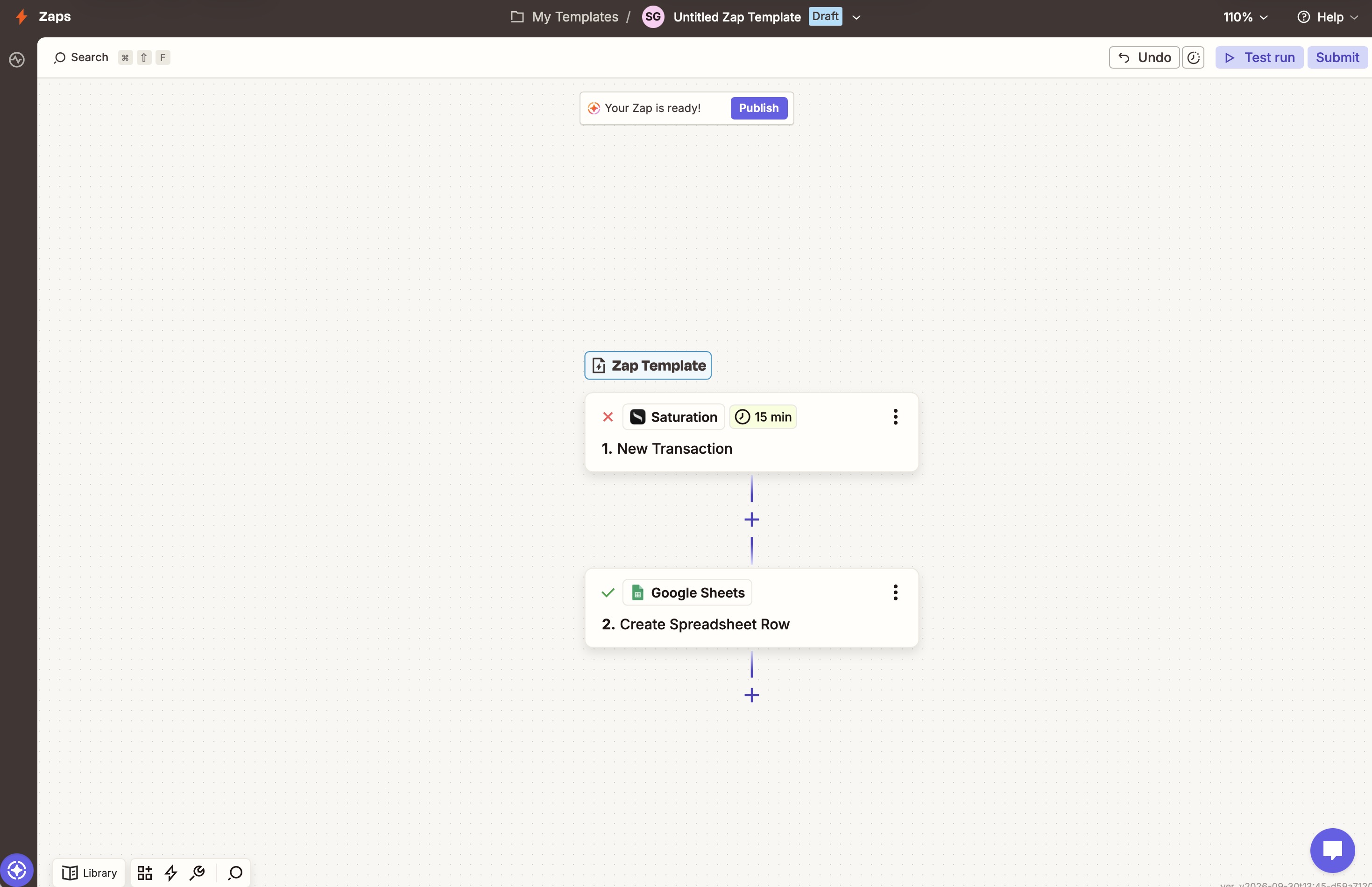 A two-step Zap in the Saturation Zapier integration: a New Transaction trigger in Saturation creating a Google Sheets row