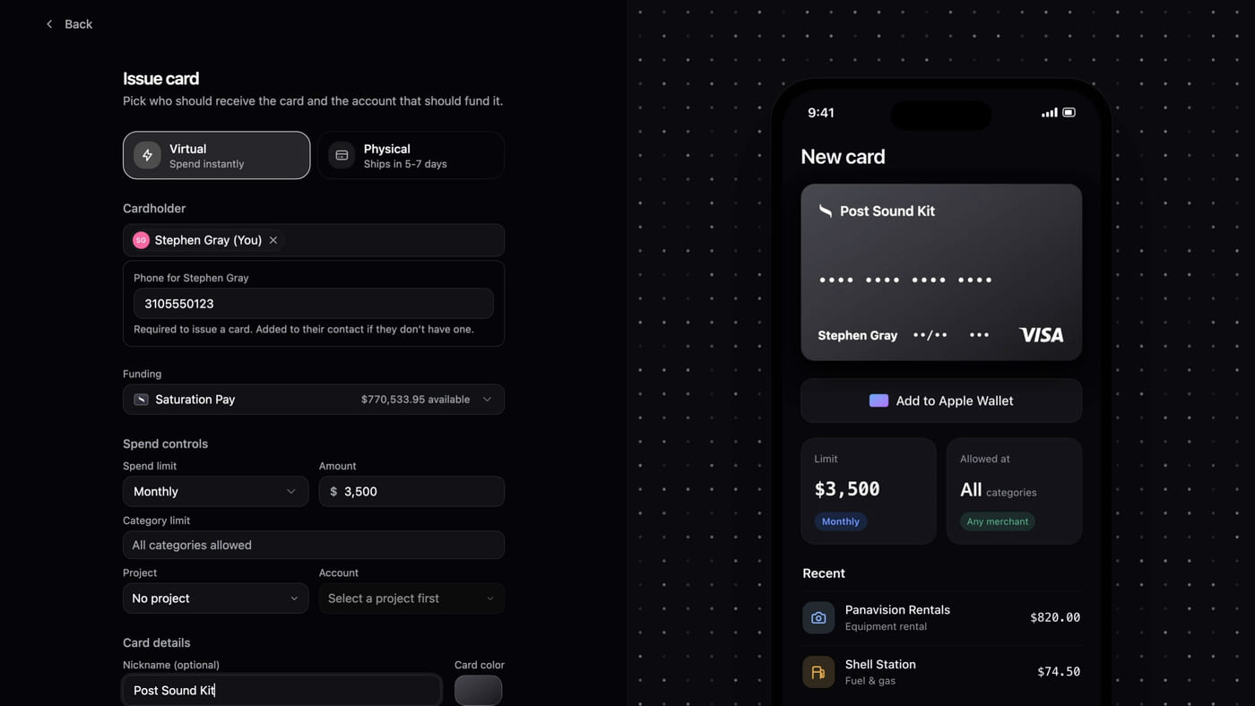 Saturation Pay issuing a virtual purchasing card to a crew member