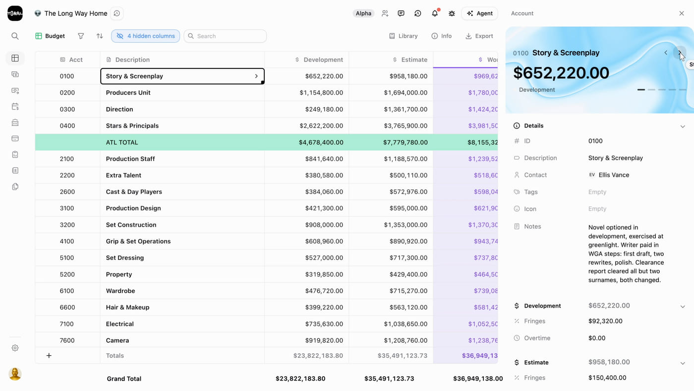 A film budget with Development, Estimate and Working phase columns